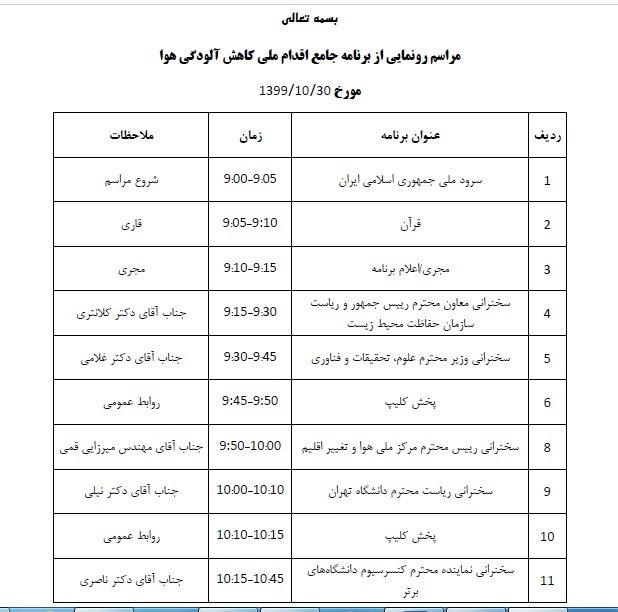 برنامه مراسم رونمایی ازبرنامه اقدام ملی کاهش آلودگی هوا