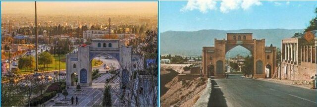 دو تصویر از دروازه قرآن در قبل و بعد از پر کردن آبراهه شرقی