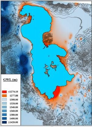 متوسط تراز سطح آب زیرزمینی در چاه های اطراف دریاچه ارومیه