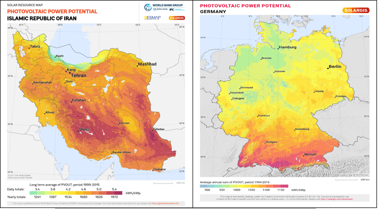  پتانسیل تولید برق فتوولتاییک در کشور ایران (سمت چپ) و کشور آلمان (سمت راست)