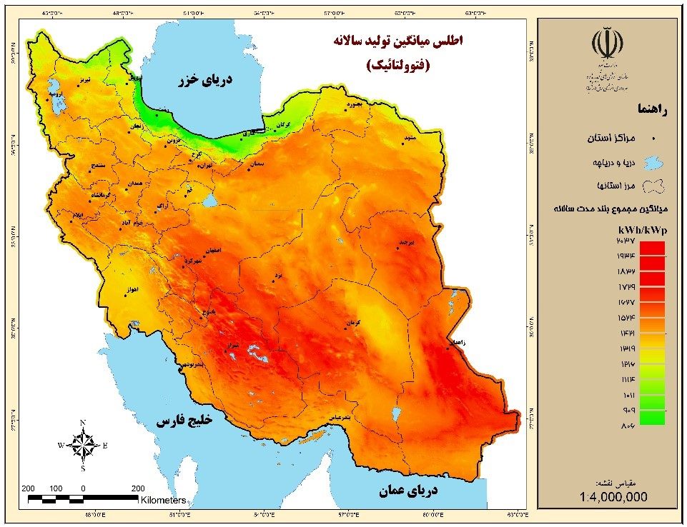 نقشه پتانسیل انرژی خورشیدی ایران